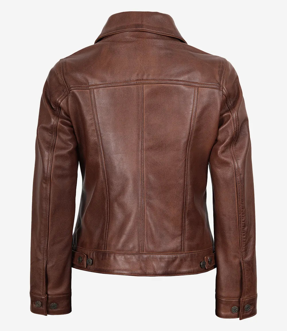 Women's Cognac Brown Trucker Leather Jacket