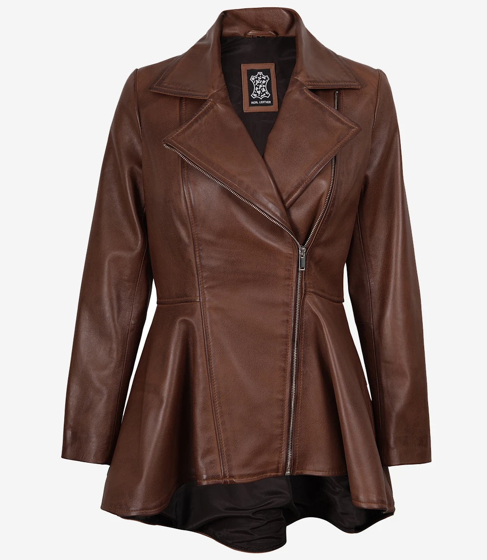 Women's Cognac Brown Wax Peplum Leather Jacket