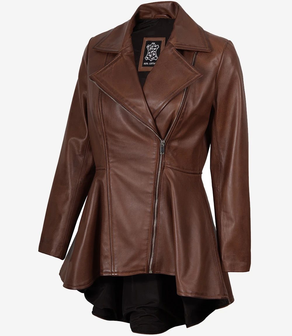 Women's Cognac Brown Wax Peplum Leather Jacket