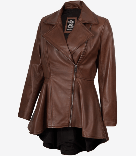 Women's Cognac Brown Wax Peplum Leather Jacket