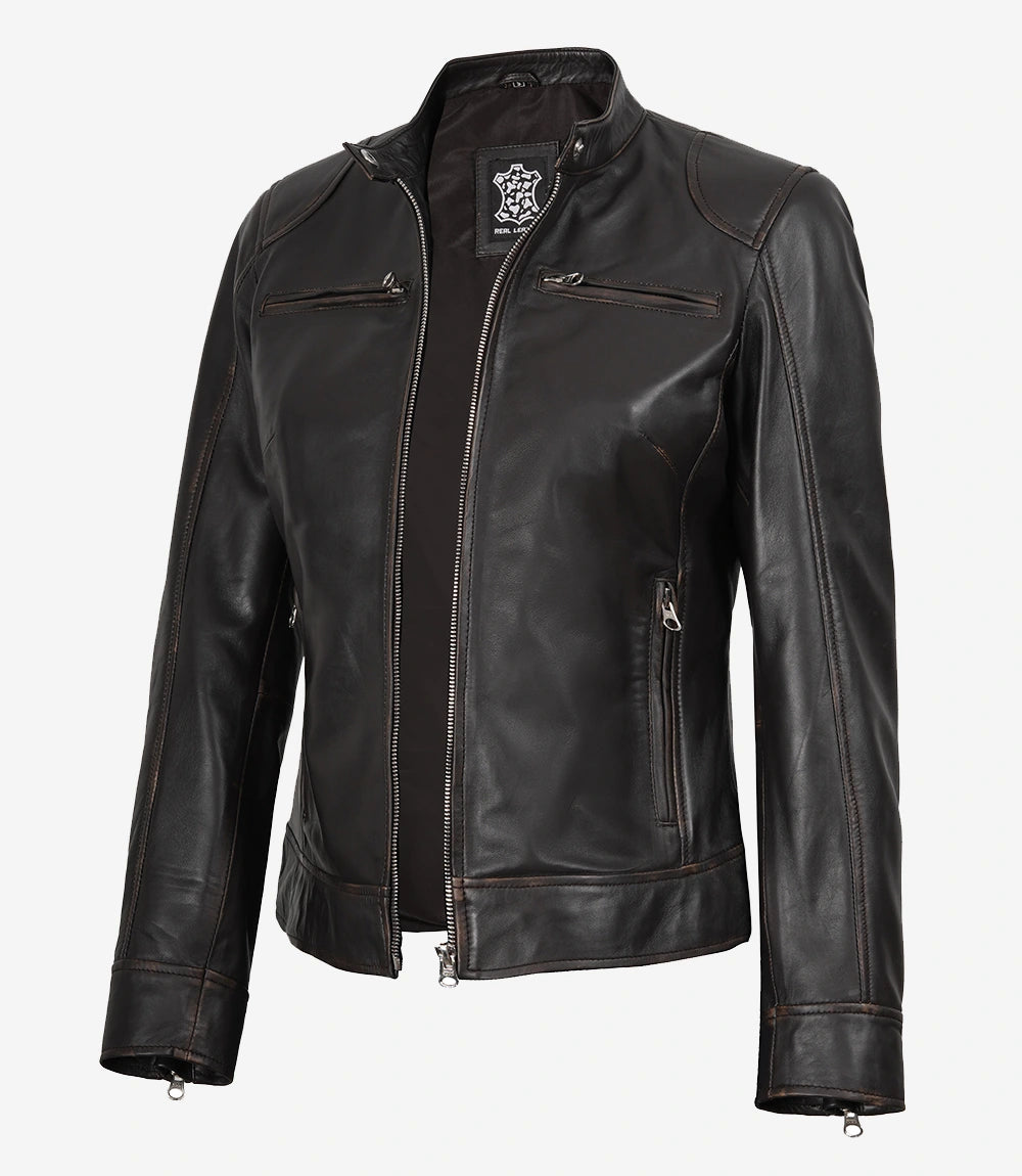 Women's Rub Off Dark Brown Vintage Leather Jacket