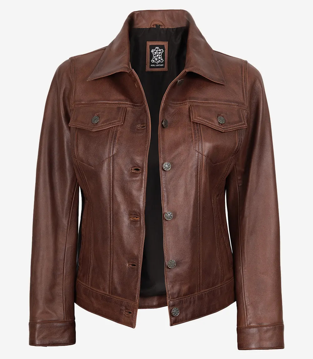 Women's Cognac Brown Trucker Leather Jacket