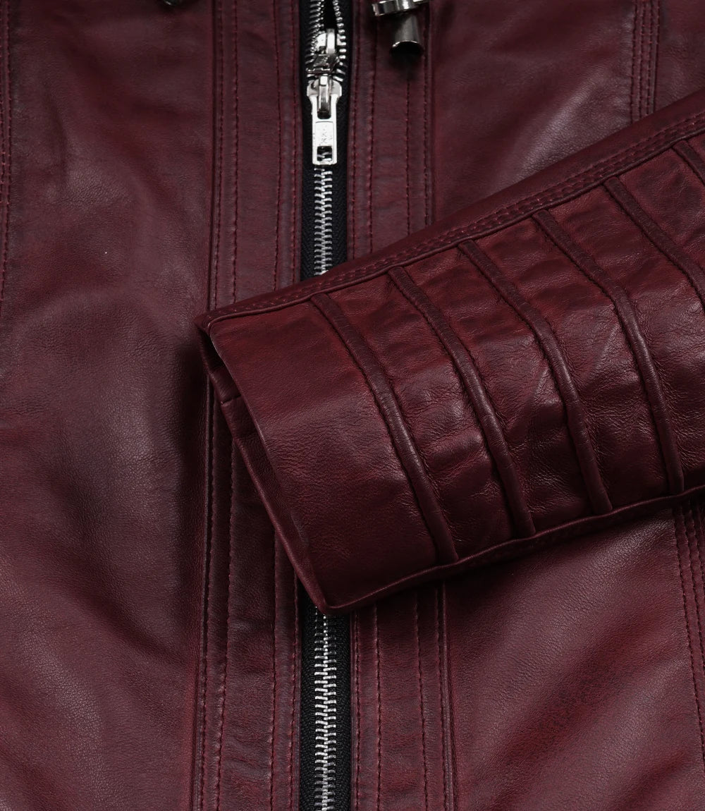 Women's Burgundy Wax Real Leather Jacket - Removable Hood