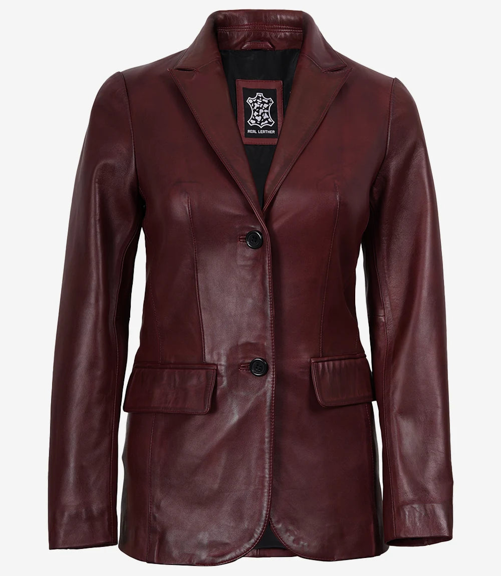 Women's Two Button Burgundy Wax Real Leather Blazer