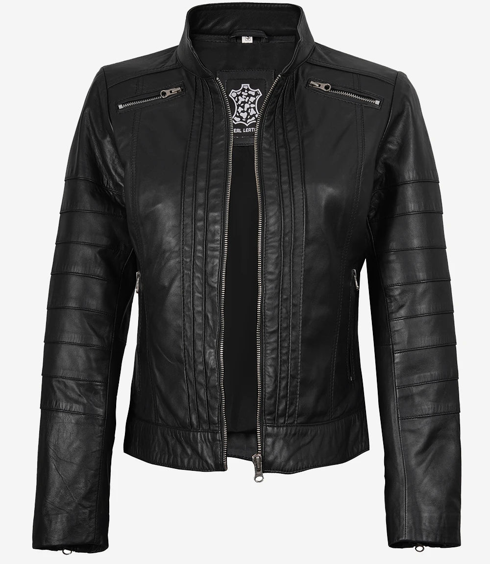 Women's Black Real Leather Cafe Racer Jacket