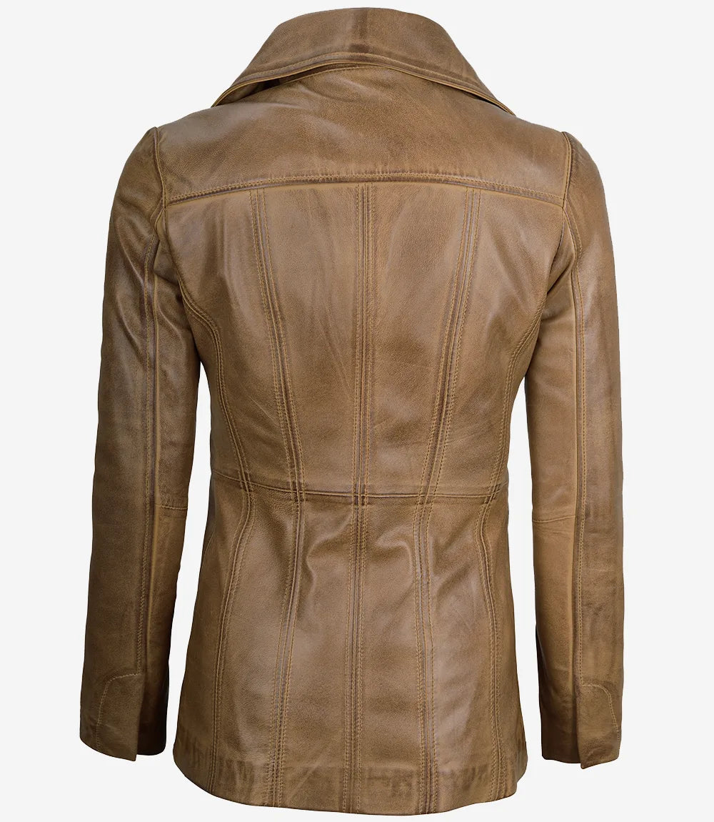 Women's Three Button Camel Real Leather Blazer