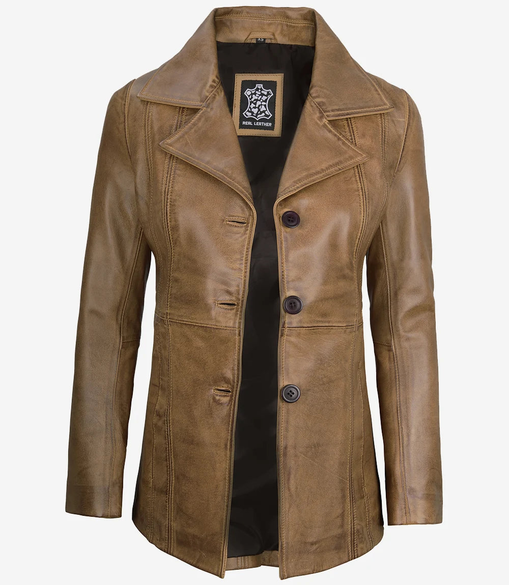 Women's Three Button Camel Real Leather Blazer