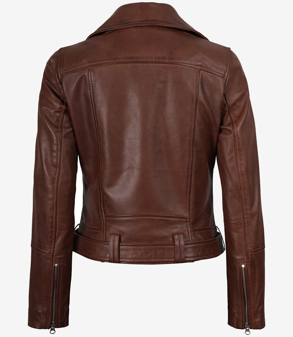 Women's Cognac Brown Leather Biker Jacket