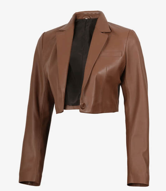 Women's Cognac Brown Single Button Cropped Leather Blazer