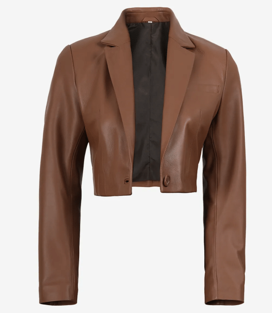 Women's Cognac Brown Single Button Cropped Leather Blazer
