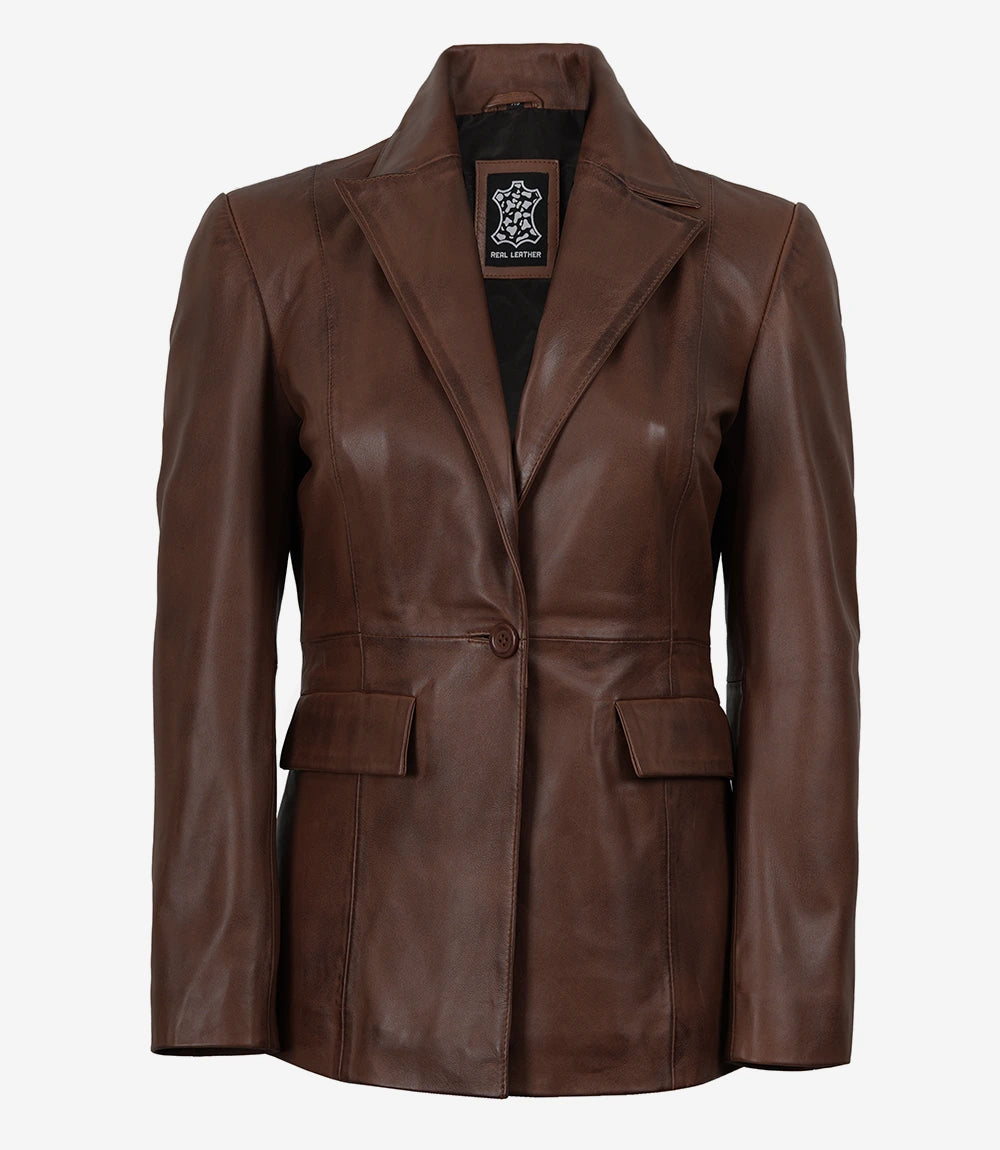 Women's Single Button Lambskin Leather Blazer – Brown Cognac Wax
