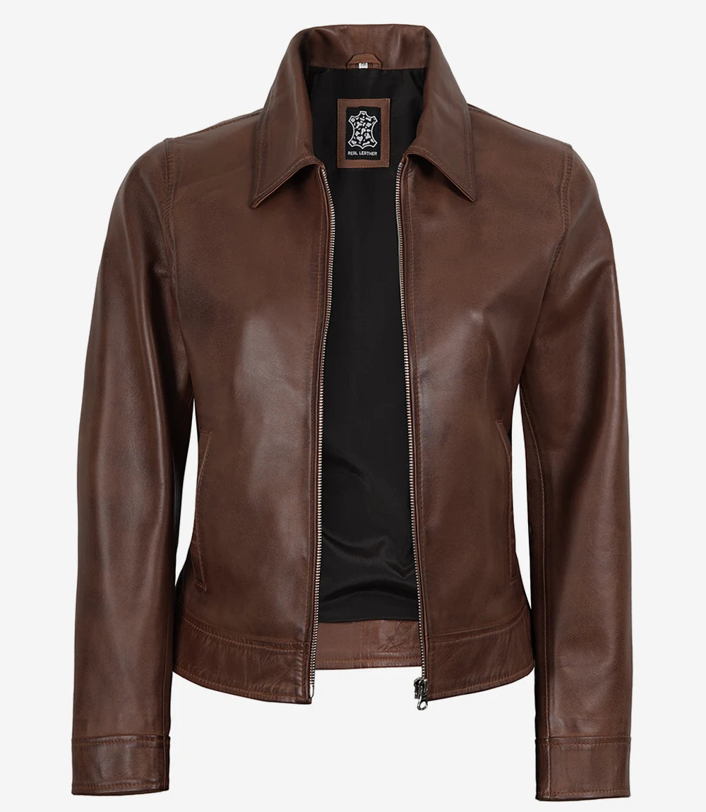 Women's Cognac Wax Harrington Leather Jacket