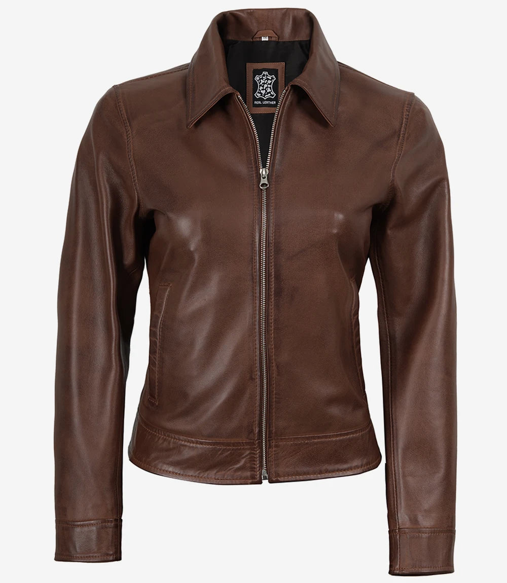 Women's Cognac Wax Harrington Leather Jacket