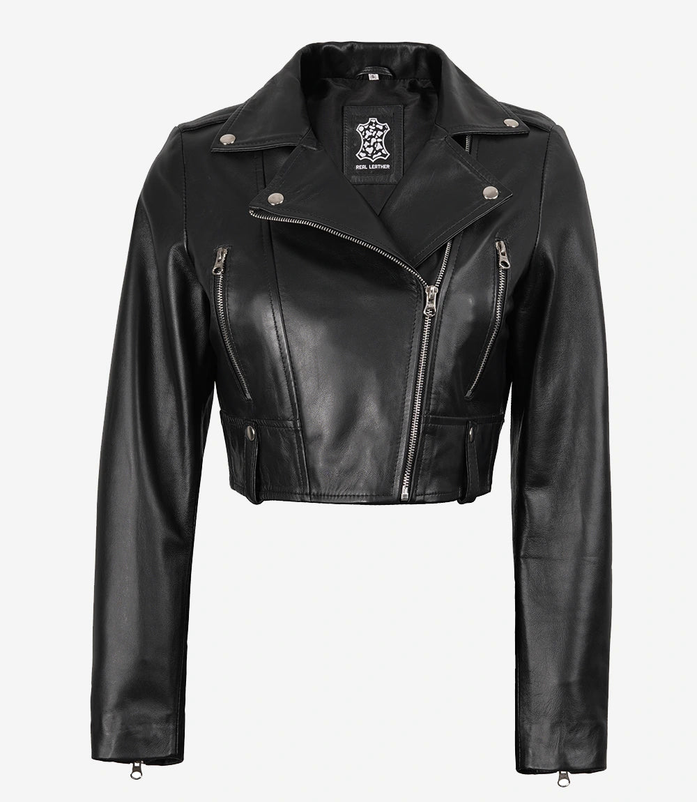 Women's Black Cropped Lambskin Leather Biker Jacket — Asymmetric Zip