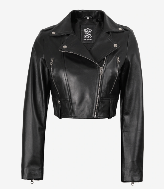 Women's Black Cropped Lambskin Leather Biker Jacket — Asymmetric Zip