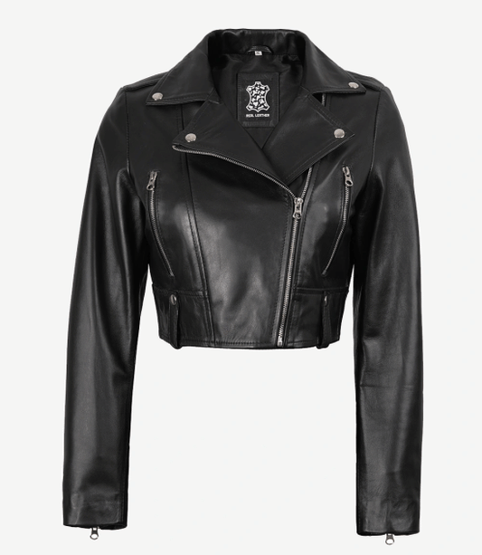 Women's Black Cropped Lambskin Leather Biker Jacket — Asymmetric Zip