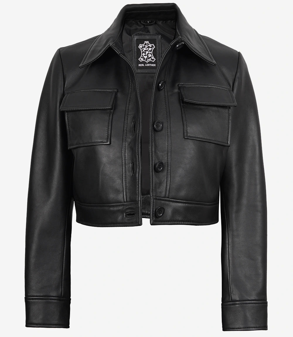 Women’s Black Harrington Cropped Leather Jacket