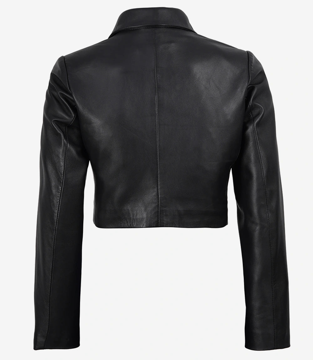 Women's Black Cropped Double Breasted Lambskin Leather Jacket
