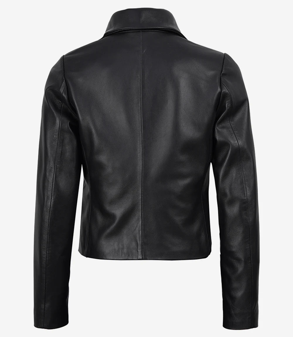 Women's Black Two Button Leather Cropped Jacket - Short Blazer Style