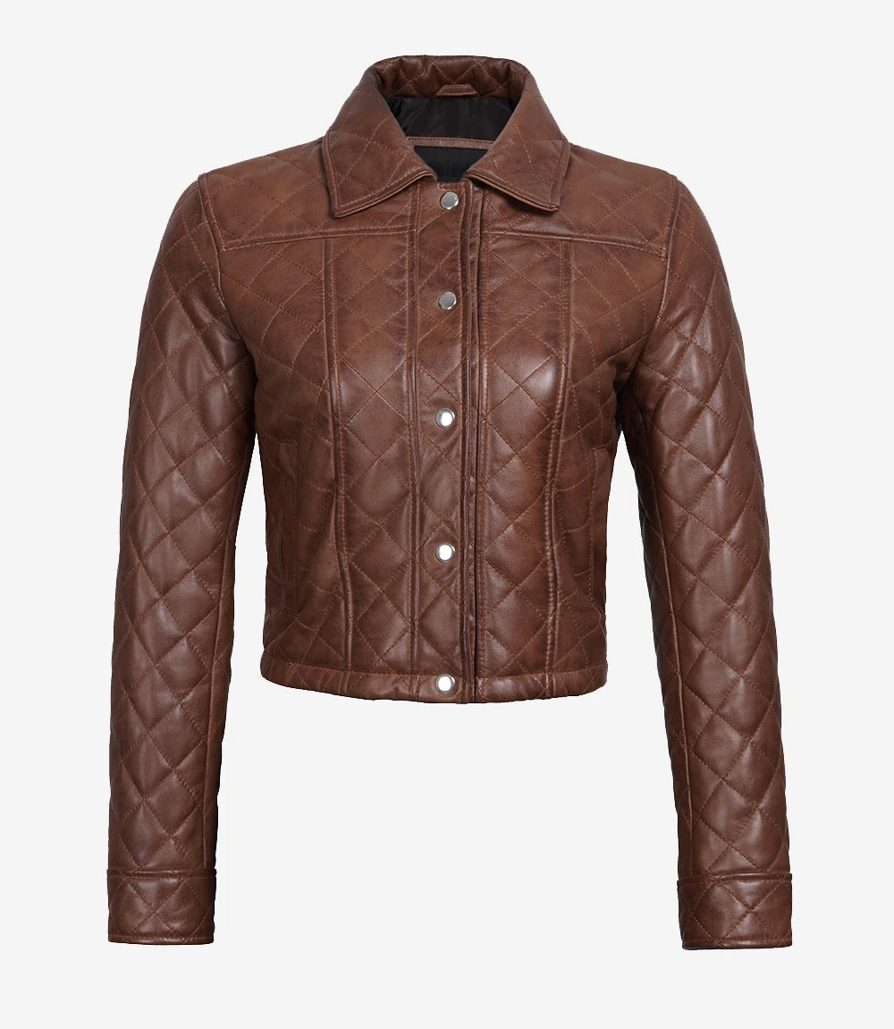 Women's Cognac Brown Quilted Cropped Leather Jacket
