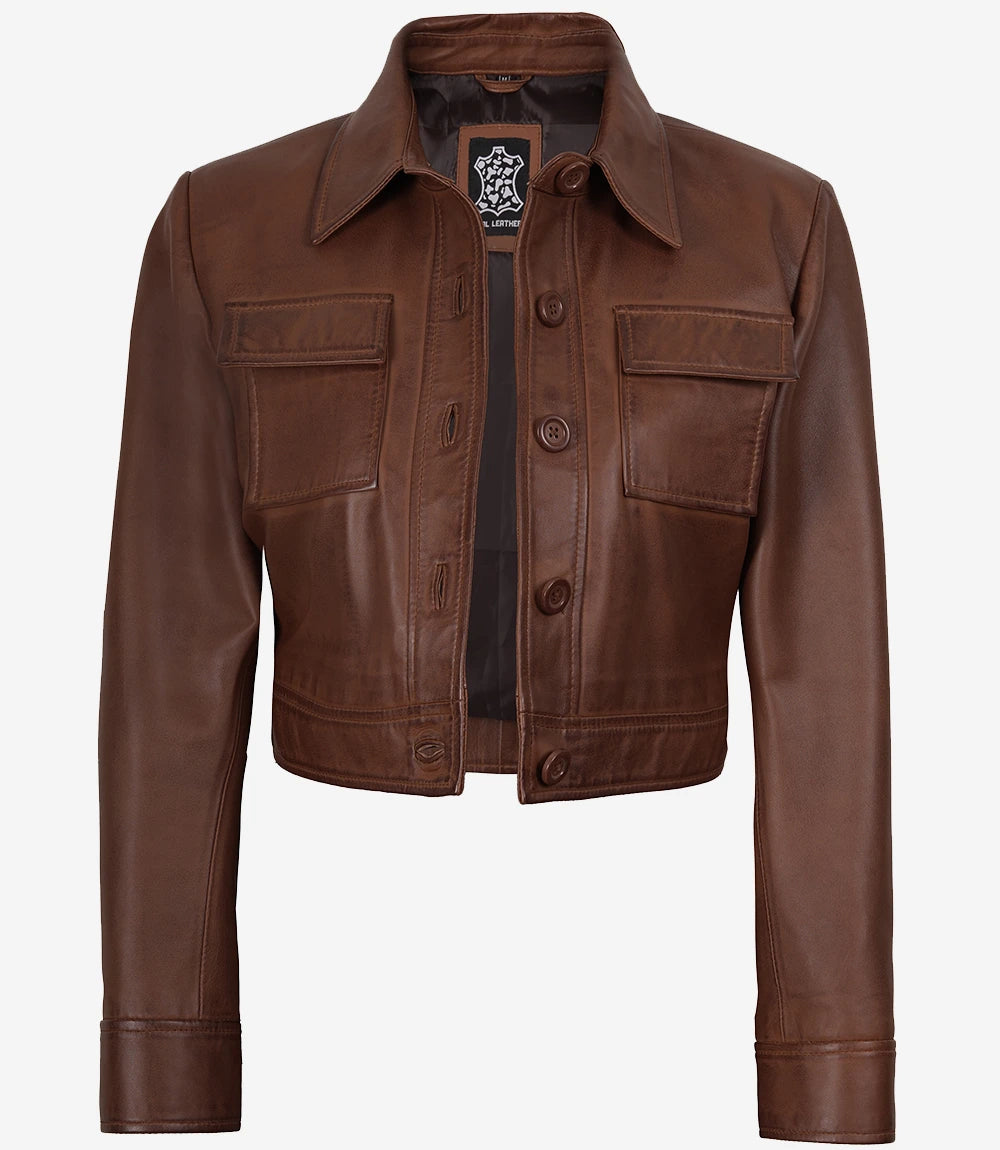 Women’s Cognac Brown Cropped Shirt Collar Leather Jacket