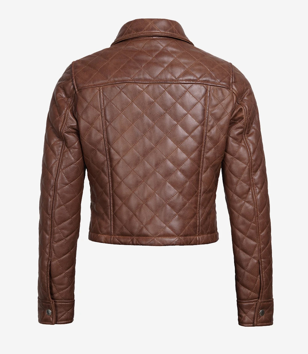 Women's Cognac Brown Quilted Cropped Leather Jacket
