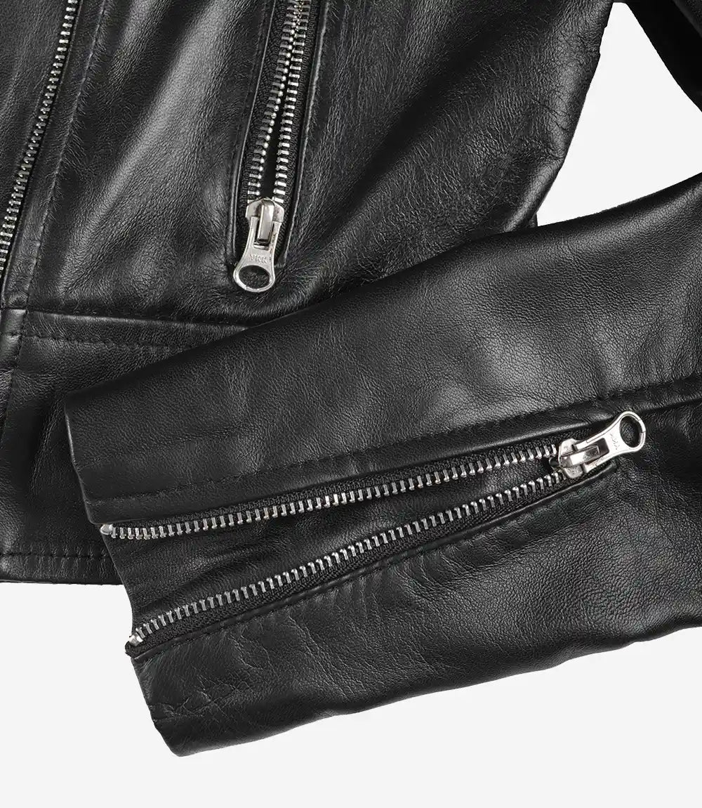Women's Black Cropped Lambskin Leather Biker Jacket — Asymmetric Zip