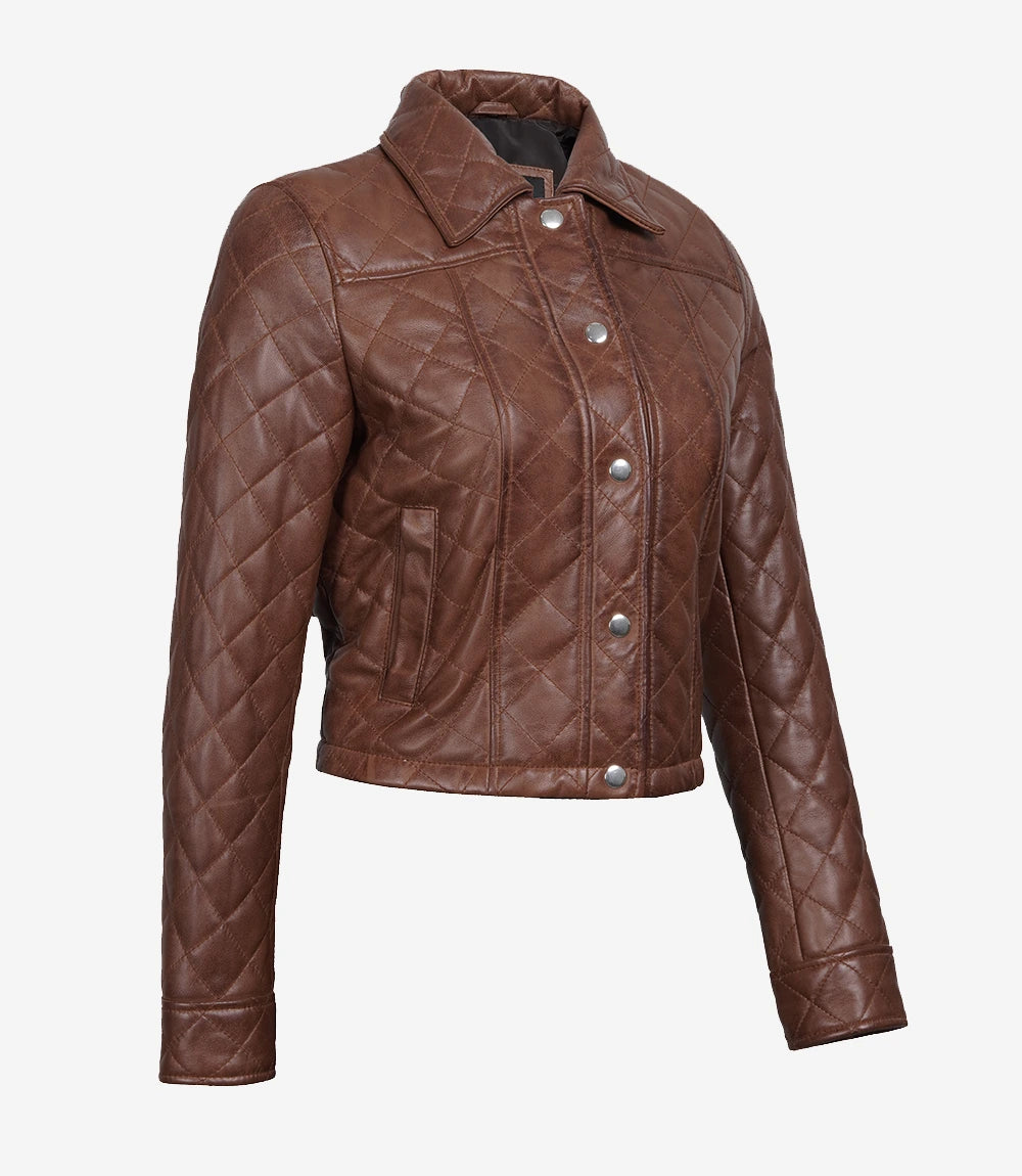 Women's Cognac Brown Quilted Cropped Leather Jacket