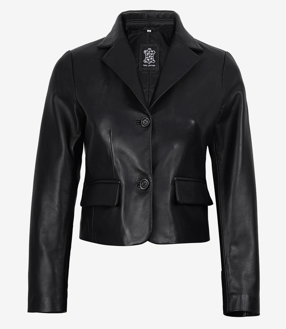 Women's Black Two Button Leather Cropped Jacket - Short Blazer Style