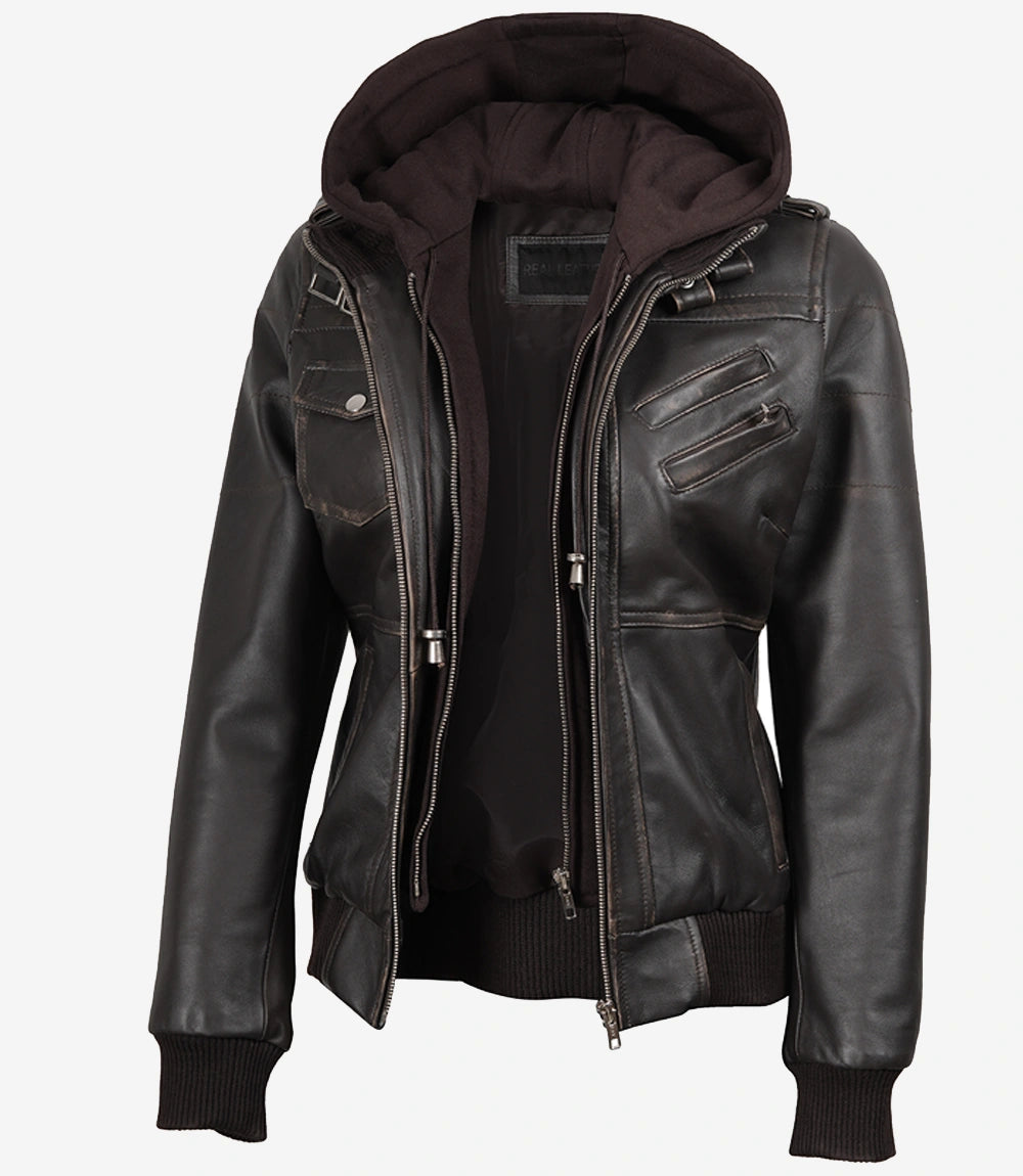 Women's Dark Brown Rub Off Leather Jacket with Removable Hood