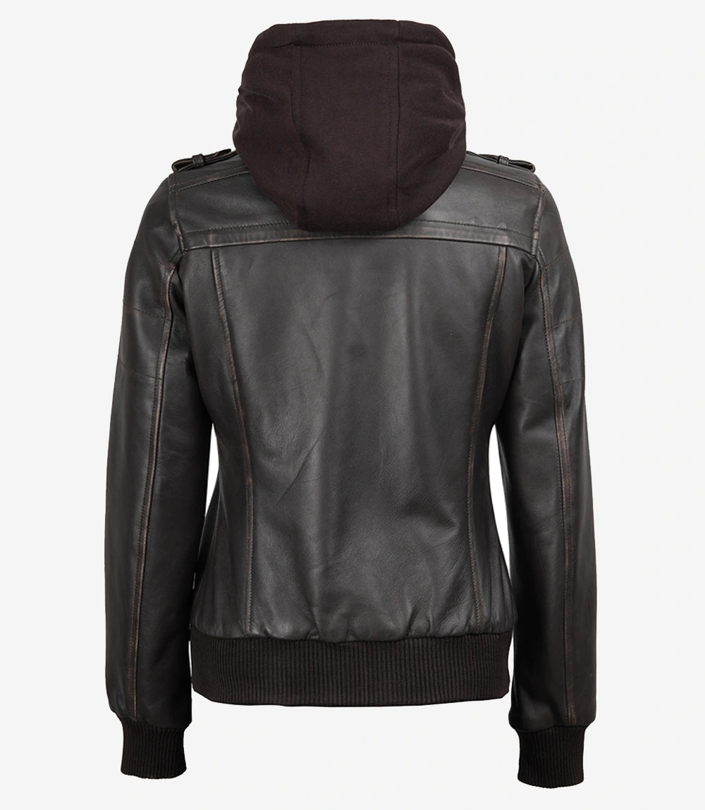 Women's Dark Brown Rub Off Leather Jacket with Removable Hood