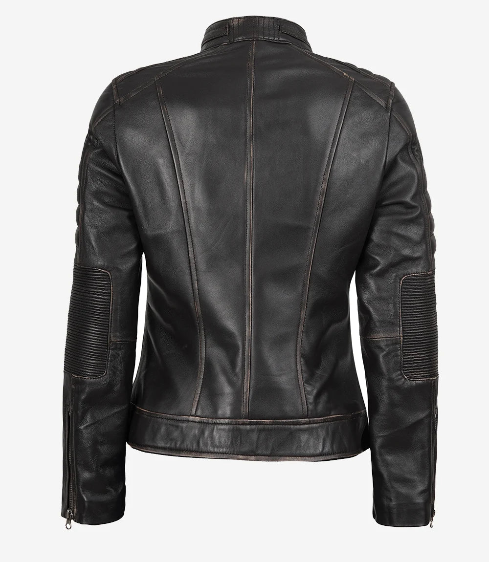 Women's Dark Brown Rub Off Cafe Racer Leather Jacket