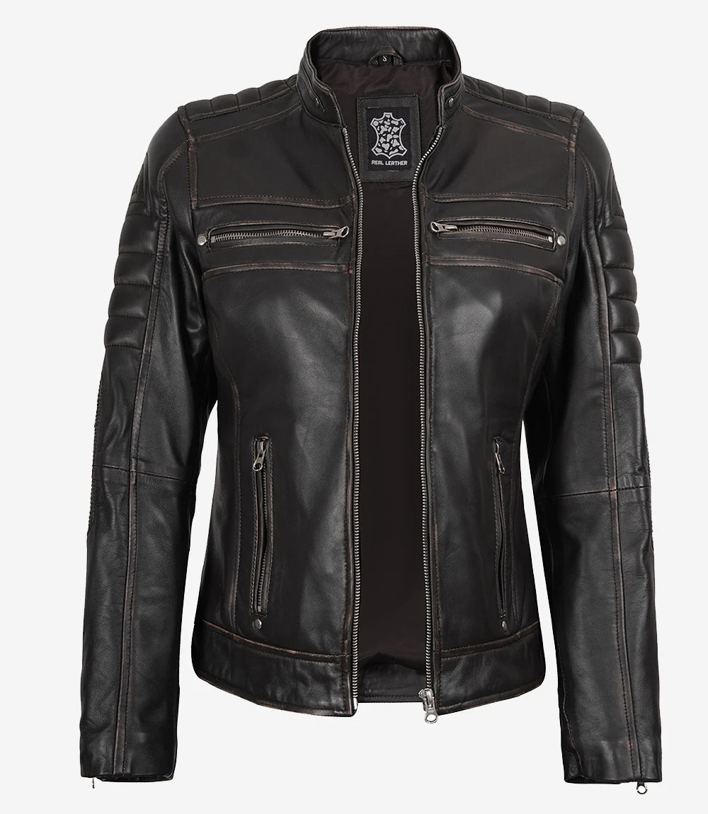 Women's Dark Brown Rub Off Cafe Racer Leather Jacket