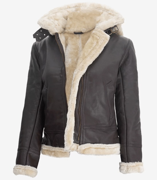 Women's Dark Brown Shearling Hooded Leather Jacket