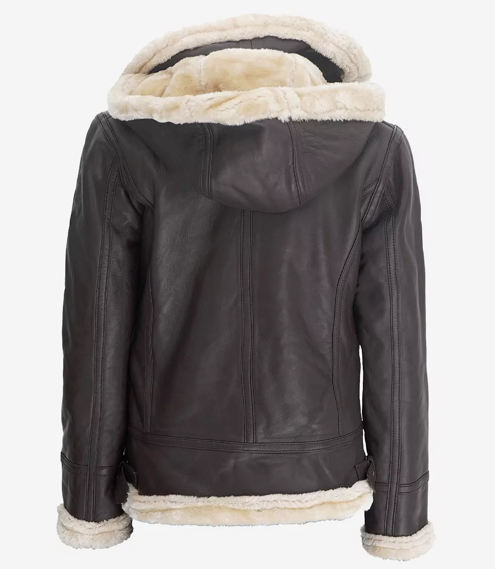 Women's Dark Brown Shearling Hooded Leather Jacket