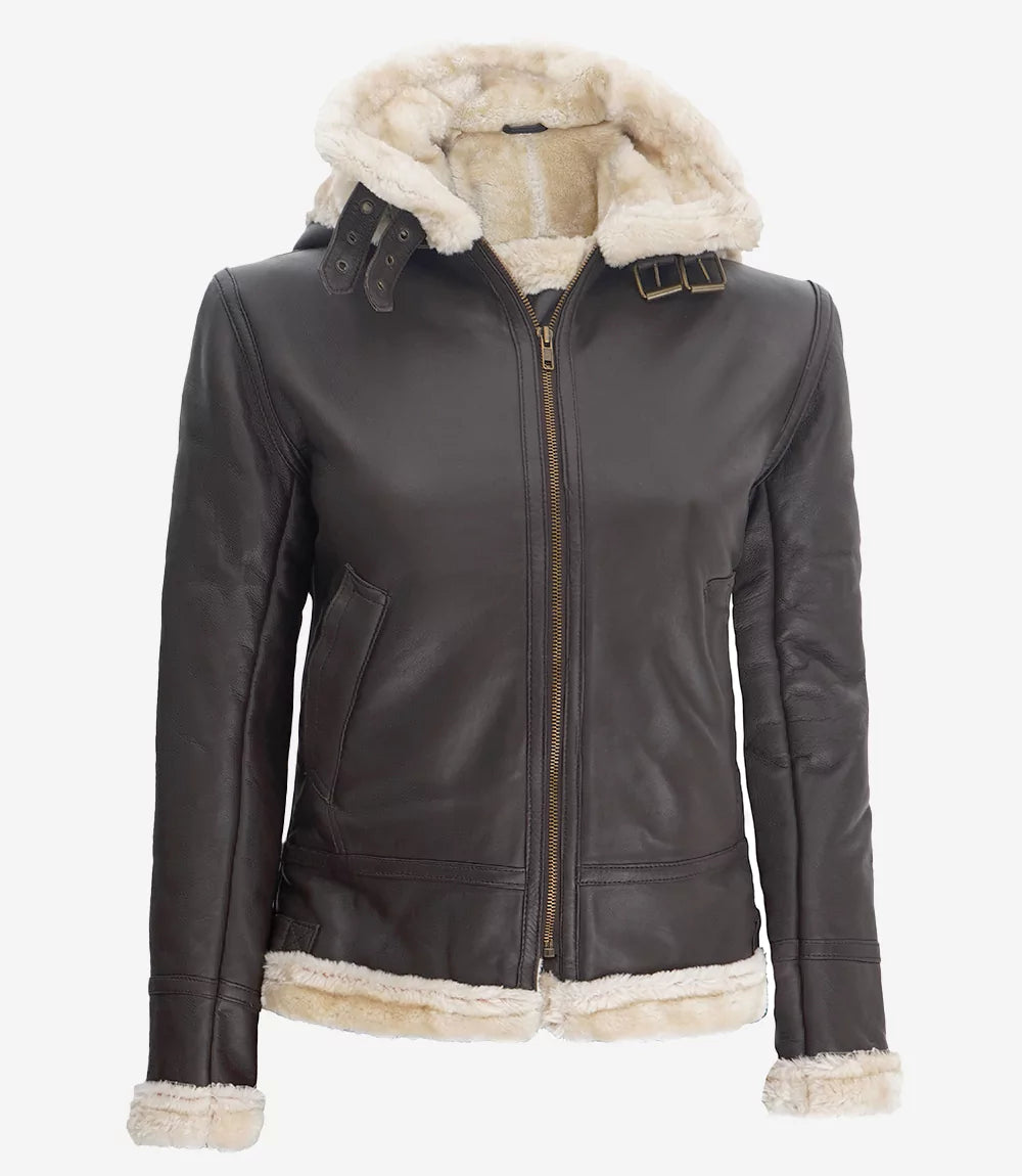 Women's Dark Brown Shearling Hooded Leather Jacket