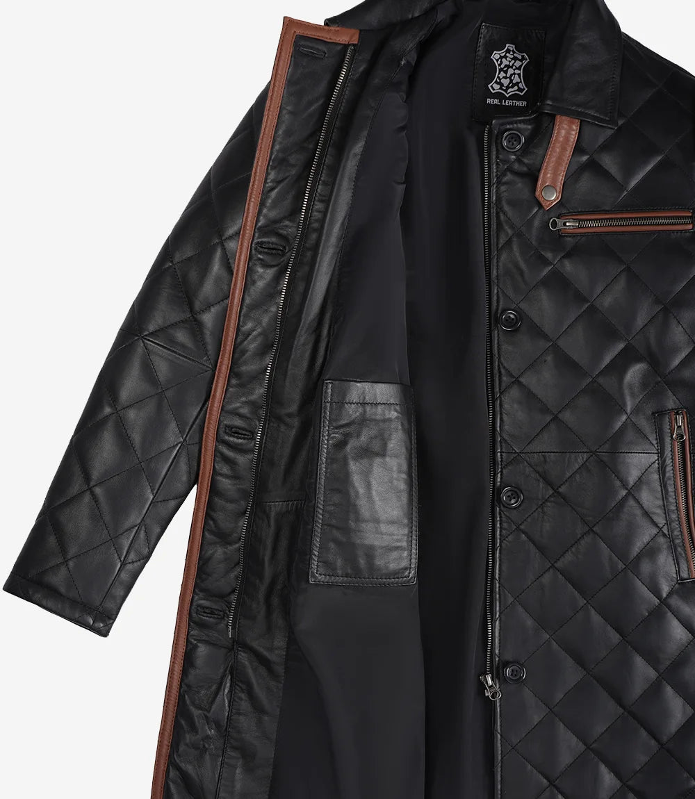 Women's Black Quilted Real Leather Car Coat