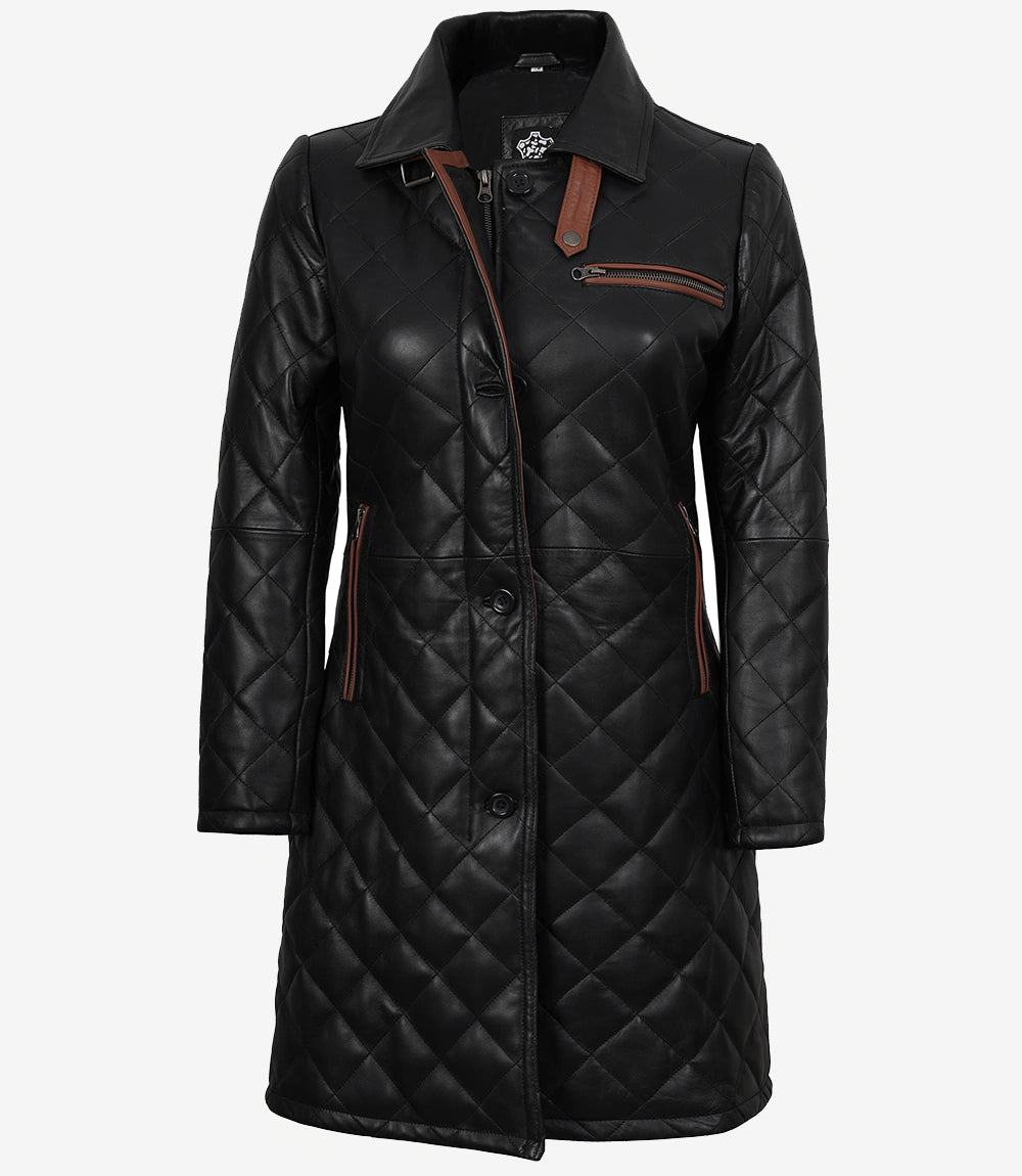 Women's Black Quilted Real Leather Car Coat