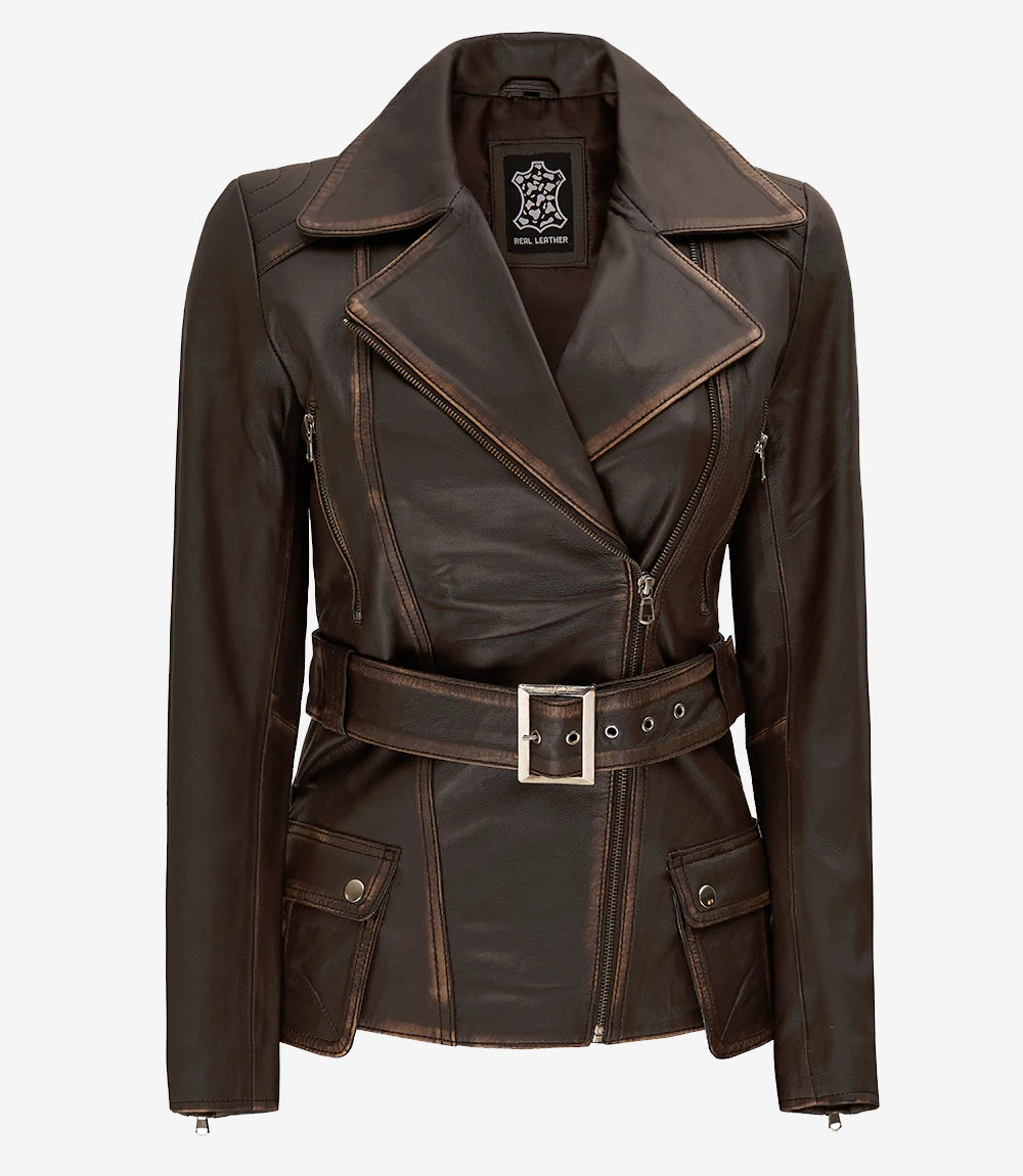 Women's Asymmetrical Rub-off Brown Belted Biker Jacket