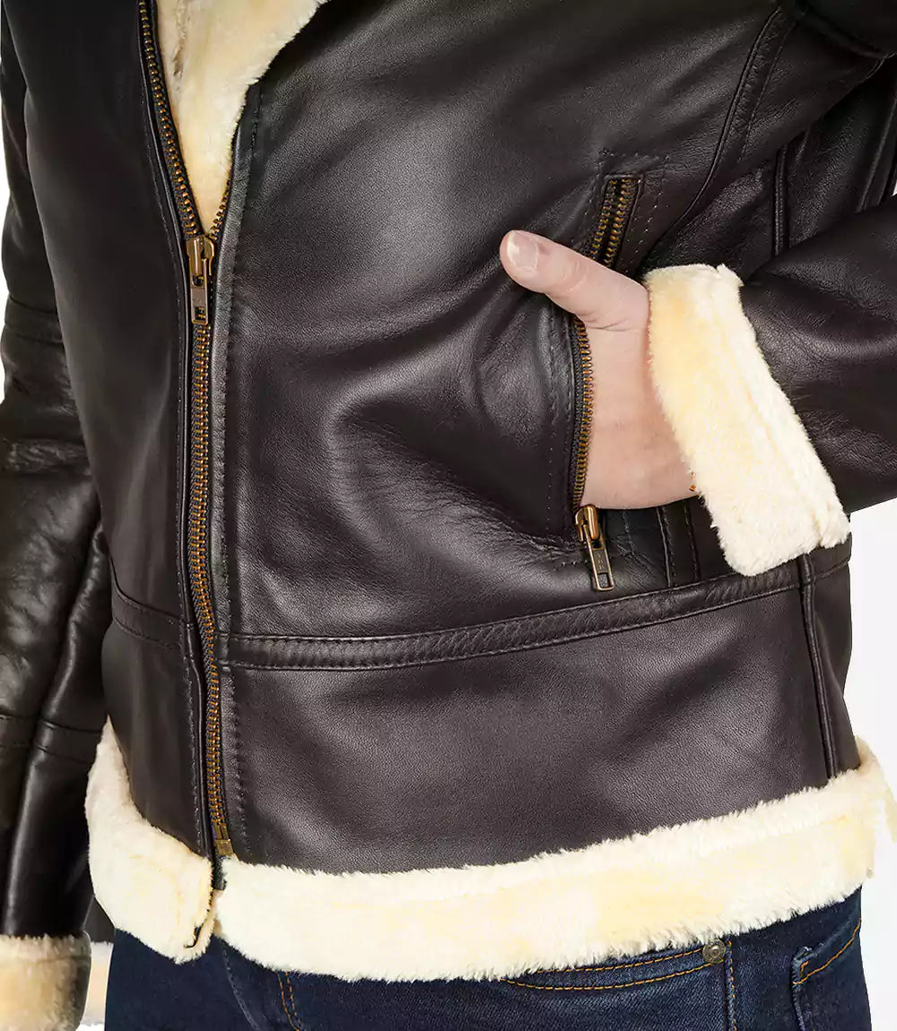 Women's Dark Brown Leather Bomber Jacket with Beige Faux Shearling.
