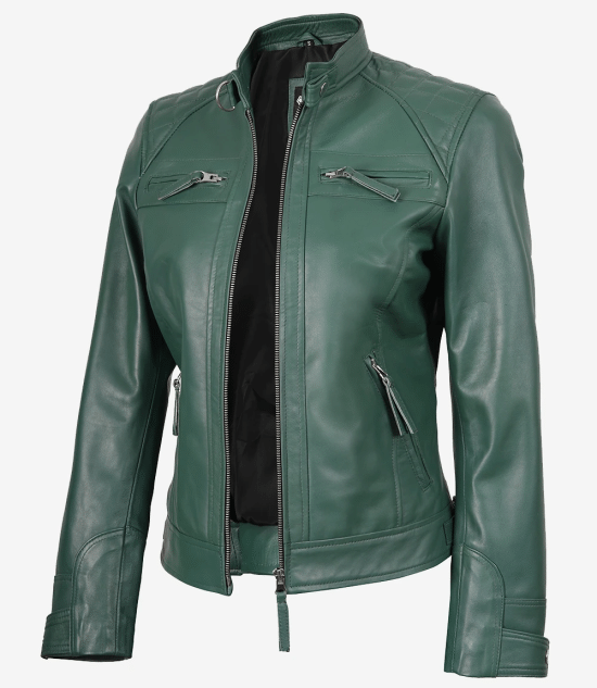 Women Green Diamond Cafe Racer Real Leather Jacket