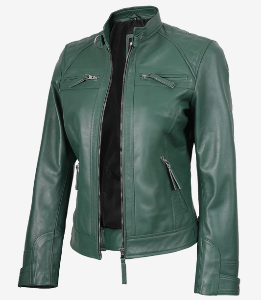 Women Green Diamond Cafe Racer Real Leather Jacket