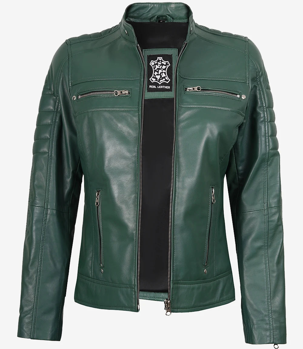 Women's Green Real Leather Cafe Racer Jacket