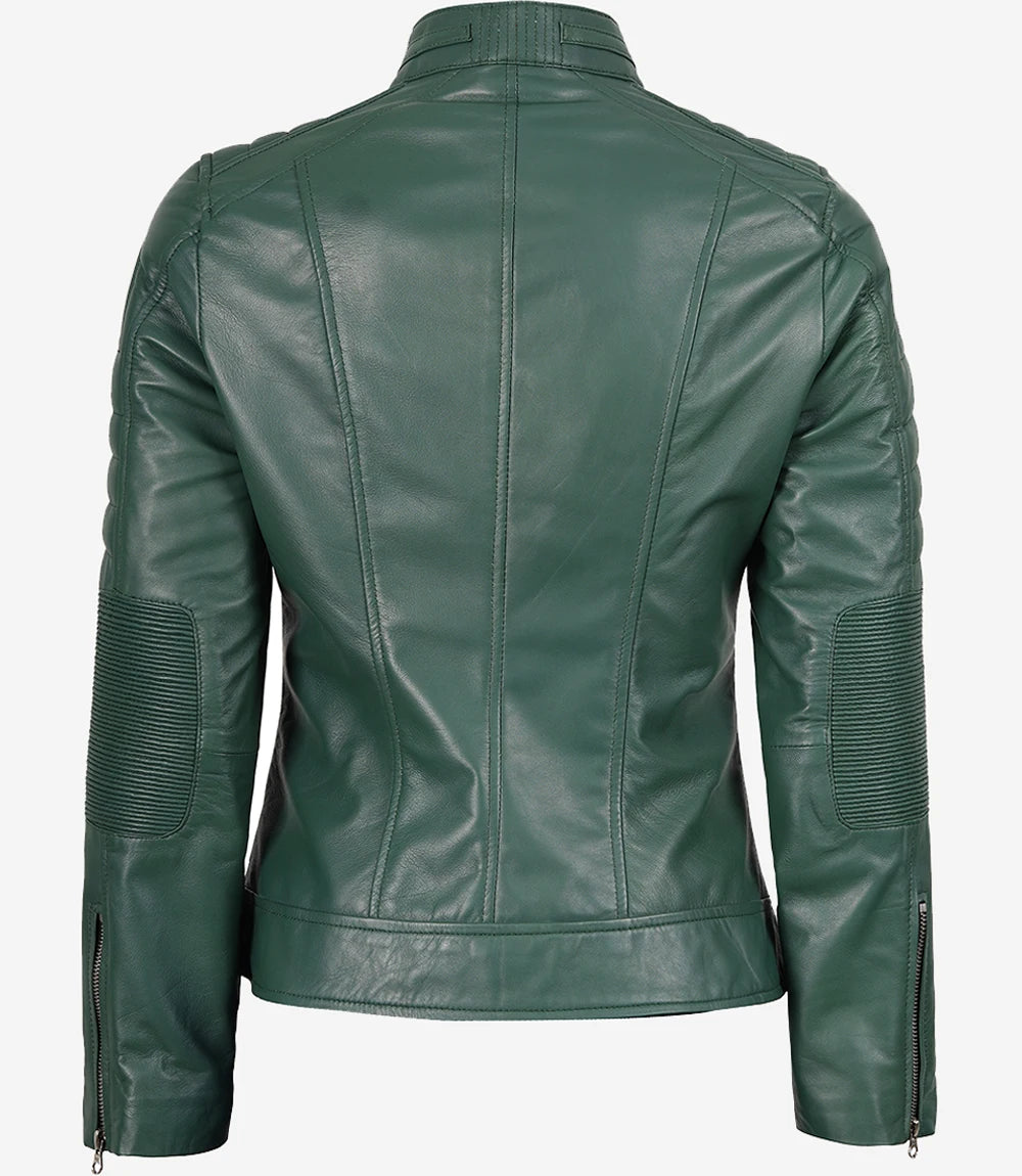 Women's Green Real Leather Cafe Racer Jacket