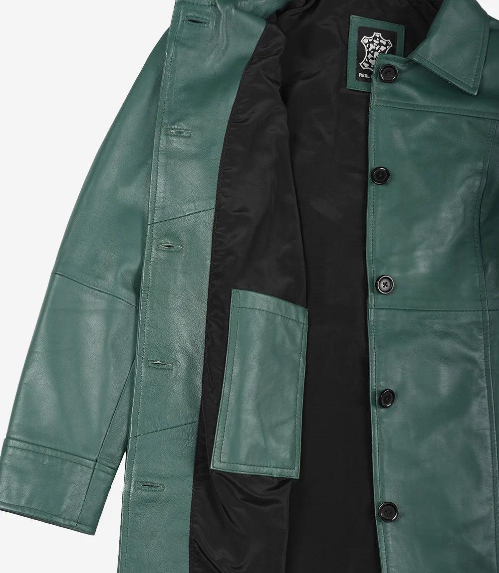 Women's Green Real Leather 3/4 Length Car Coat
