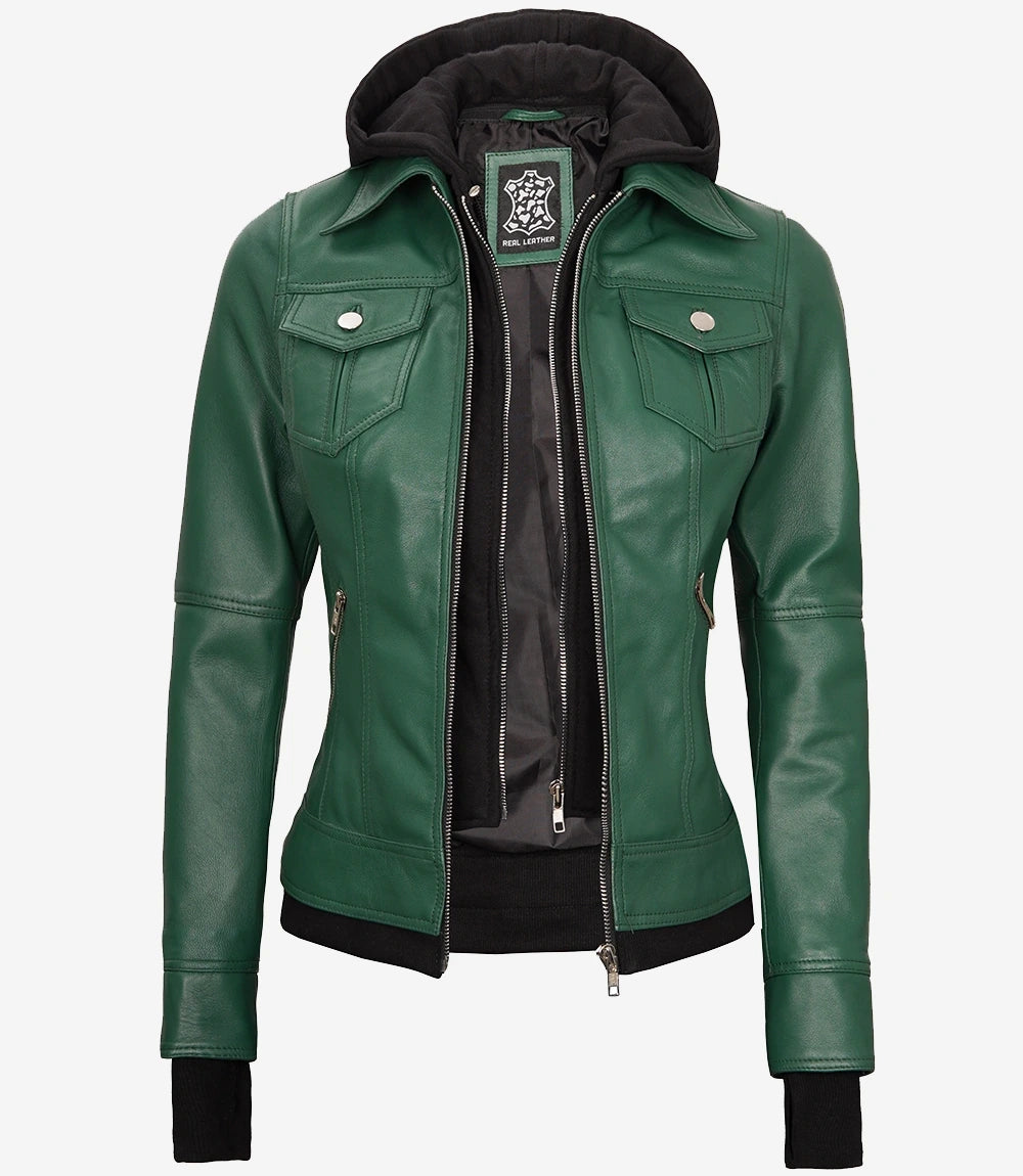 Tralee Women's Green Real Leather Jacket with Hood