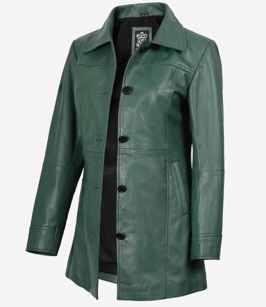 Women's Green Real Leather 3/4 Length Car Coat
