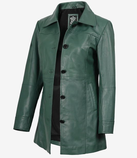 Women's Green Real Leather 3/4 Length Car Coat