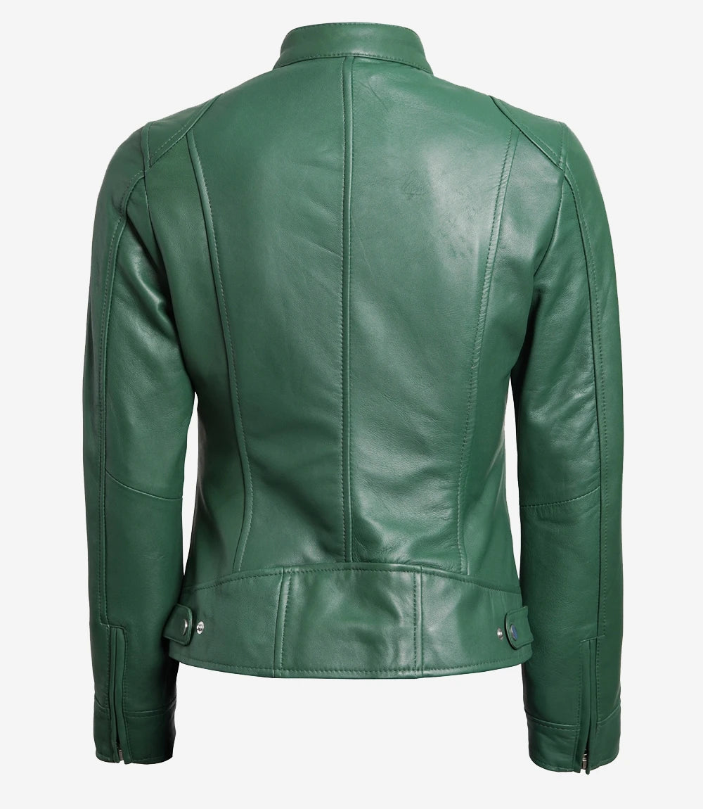 Women Green Cafe Racer Leather Jacket