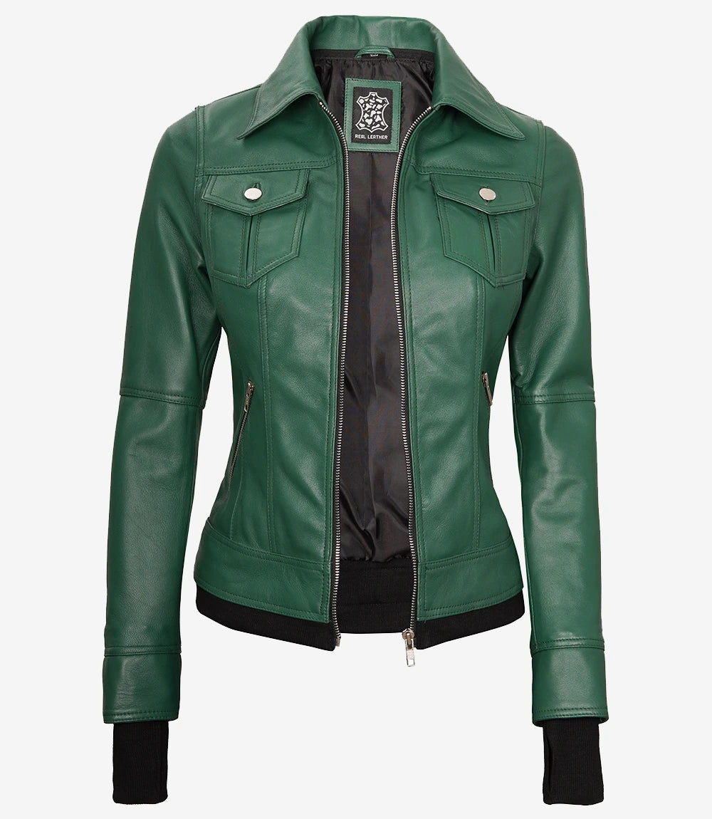 Tralee Women's Green Real Leather Jacket with Hood
